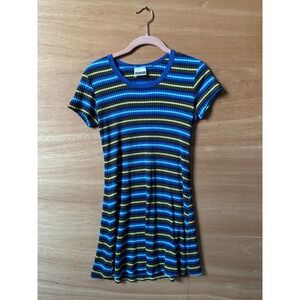 vintage xhillanation striped ribbed short sleeve mini dress women's blue yellow